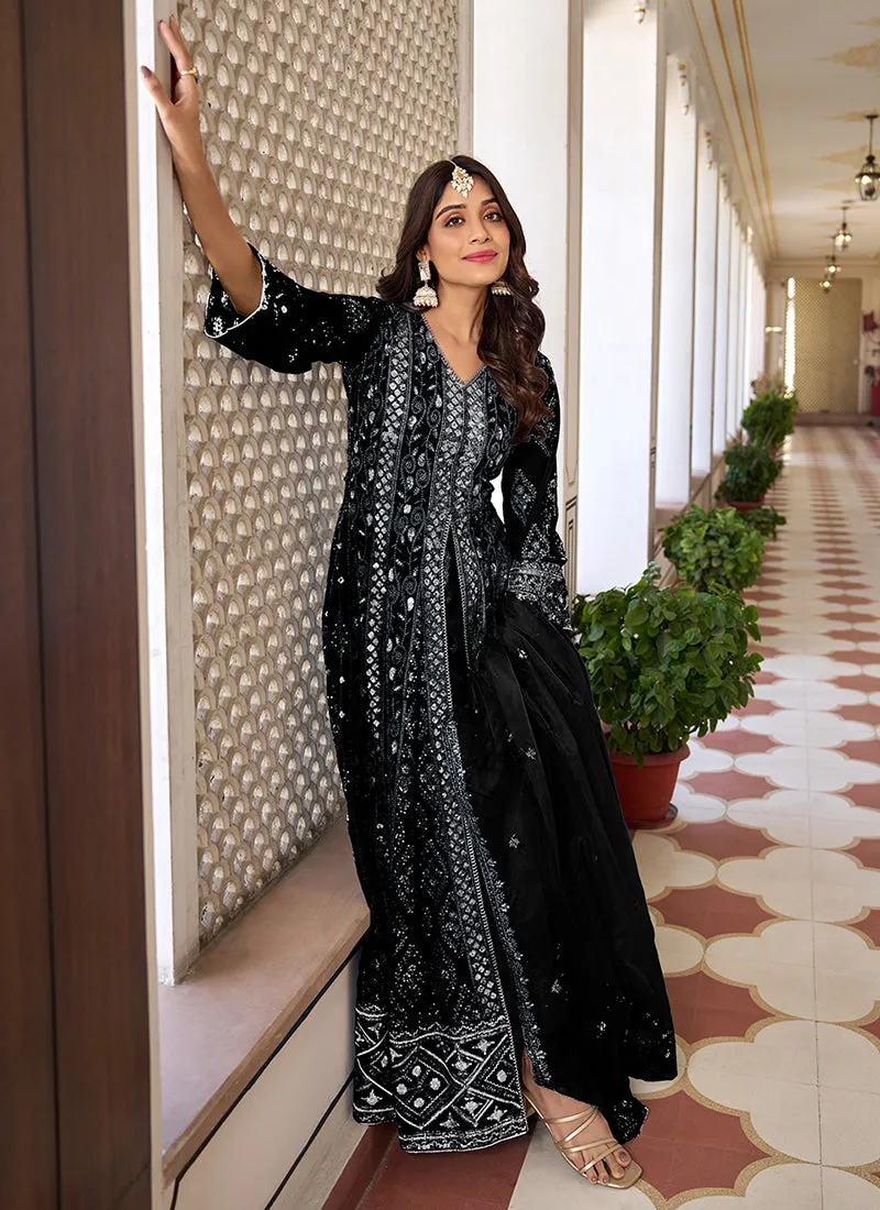 Black Sequence Embroidery Slit Style Anarkali Pant Suit