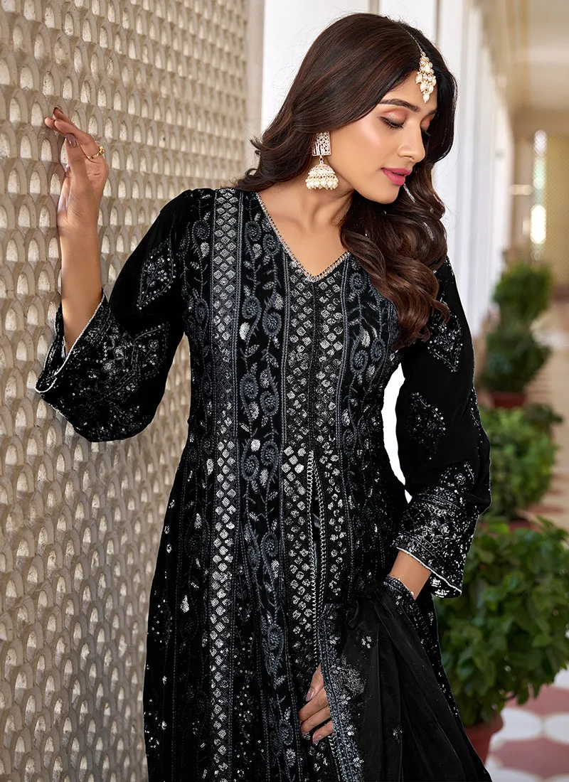 Black Sequence Embroidery Slit Style Anarkali Pant Suit