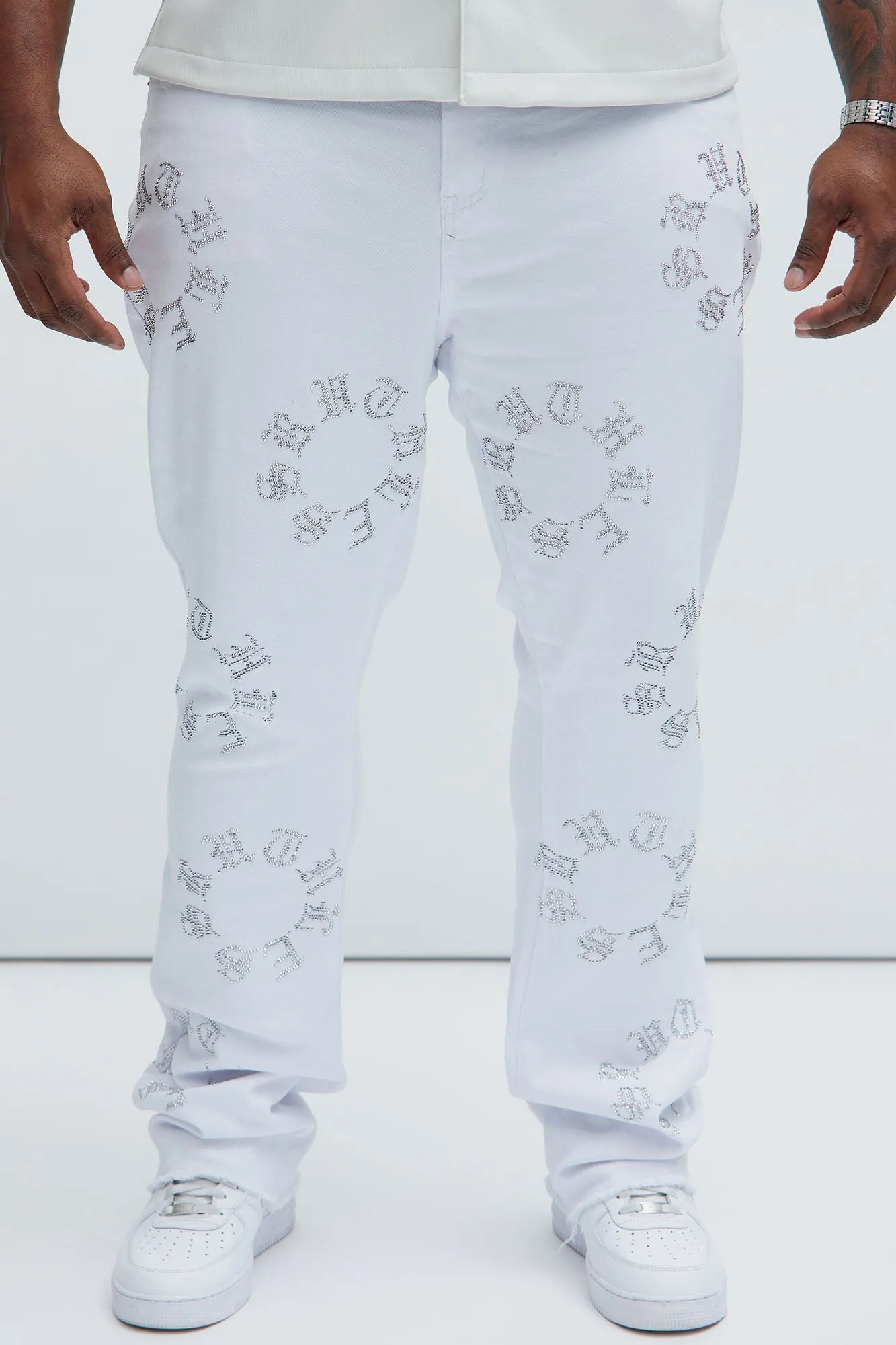 Bling My Line Stacked Skinny Flare Pants - White/Silver