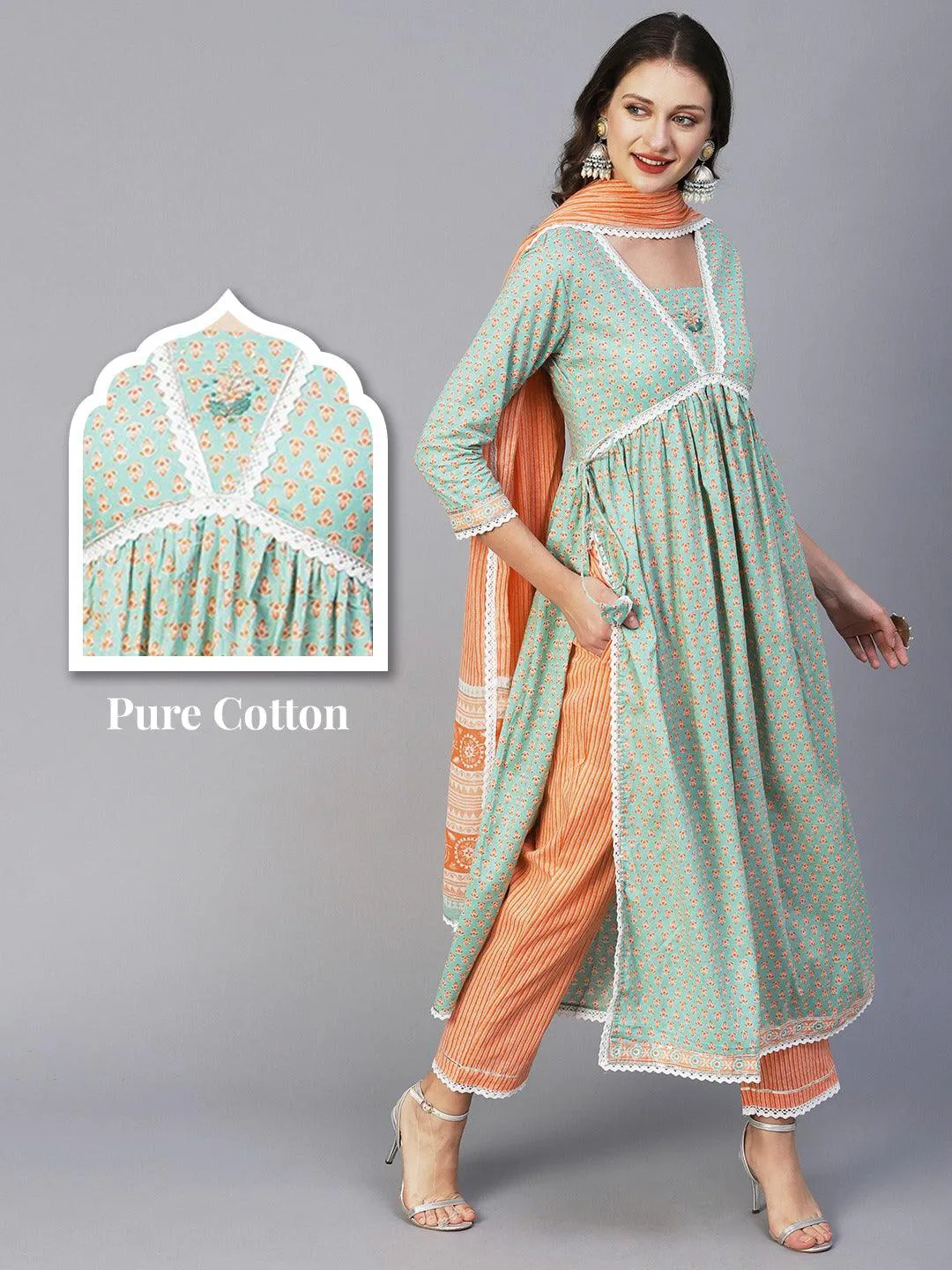 Block Printed Stone & Resham Embroidered Flared High Slit Kurta With Striped Pants & Dupatta - Pastel Green