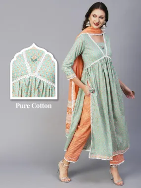 Block Printed Stone & Resham Embroidered Flared High Slit Kurta With Striped Pants & Dupatta - Pastel Green