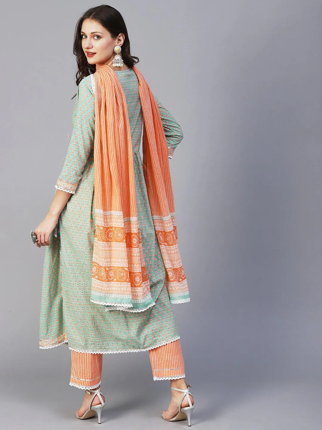 Block Printed Stone & Resham Embroidered Flared High Slit Kurta With Striped Pants & Dupatta - Pastel Green