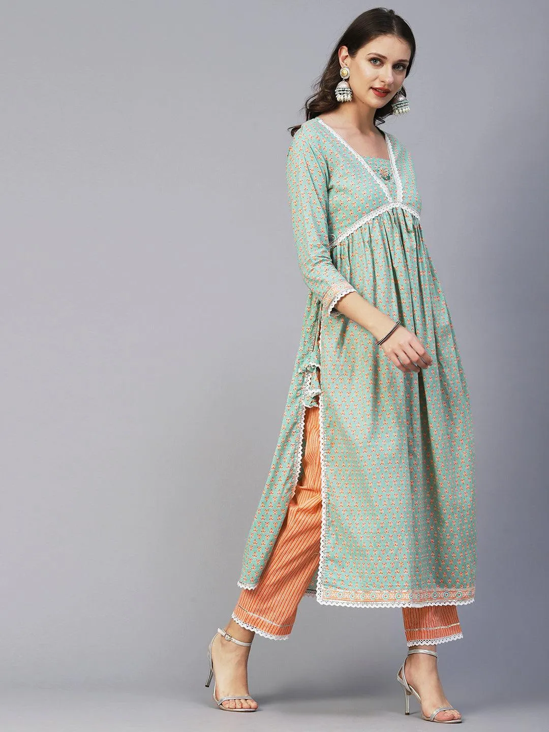 Block Printed Stone & Resham Embroidered Flared High Slit Kurta With Striped Pants & Dupatta - Pastel Green