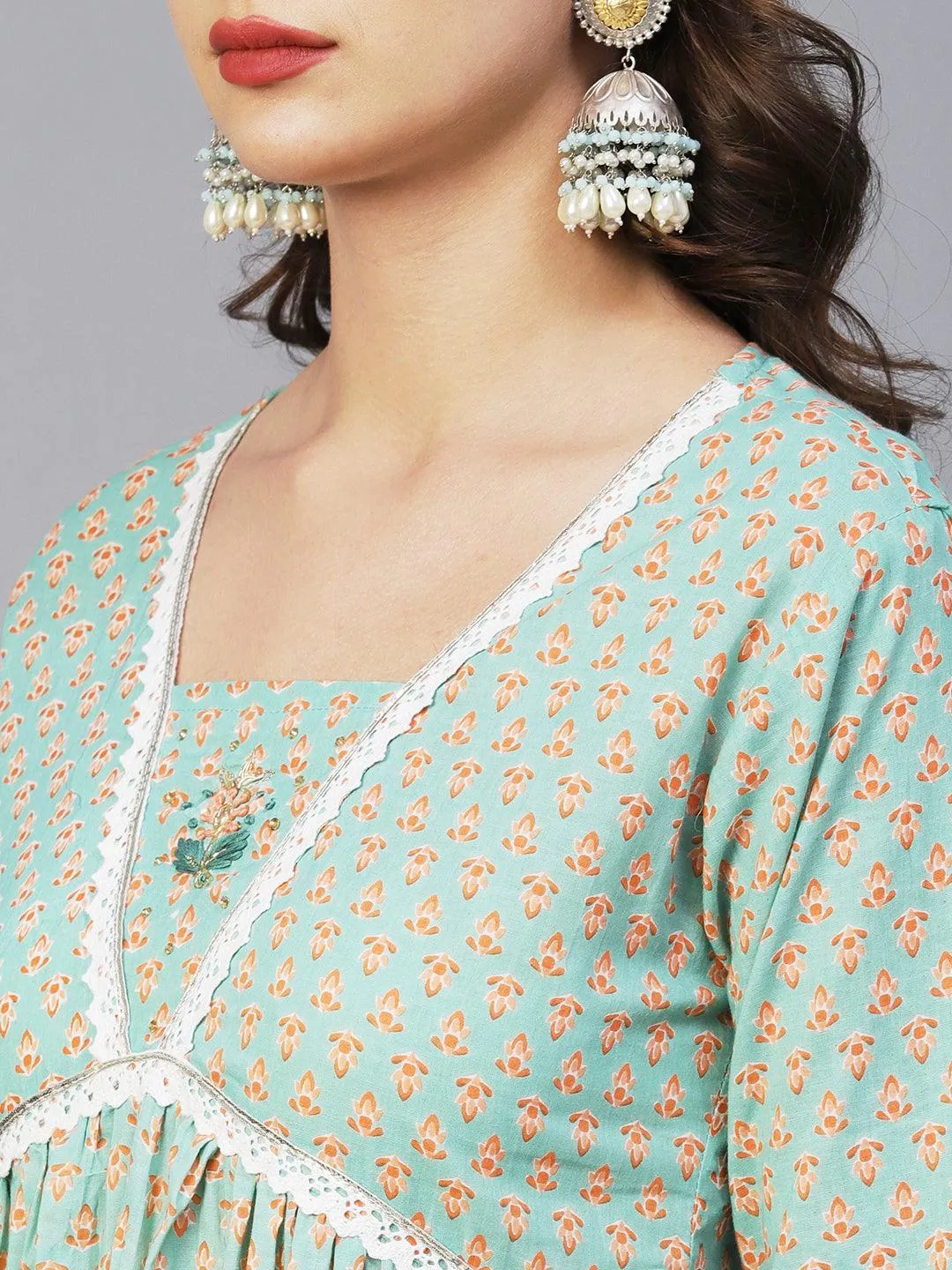 Block Printed Stone & Resham Embroidered Flared High Slit Kurta With Striped Pants & Dupatta - Pastel Green