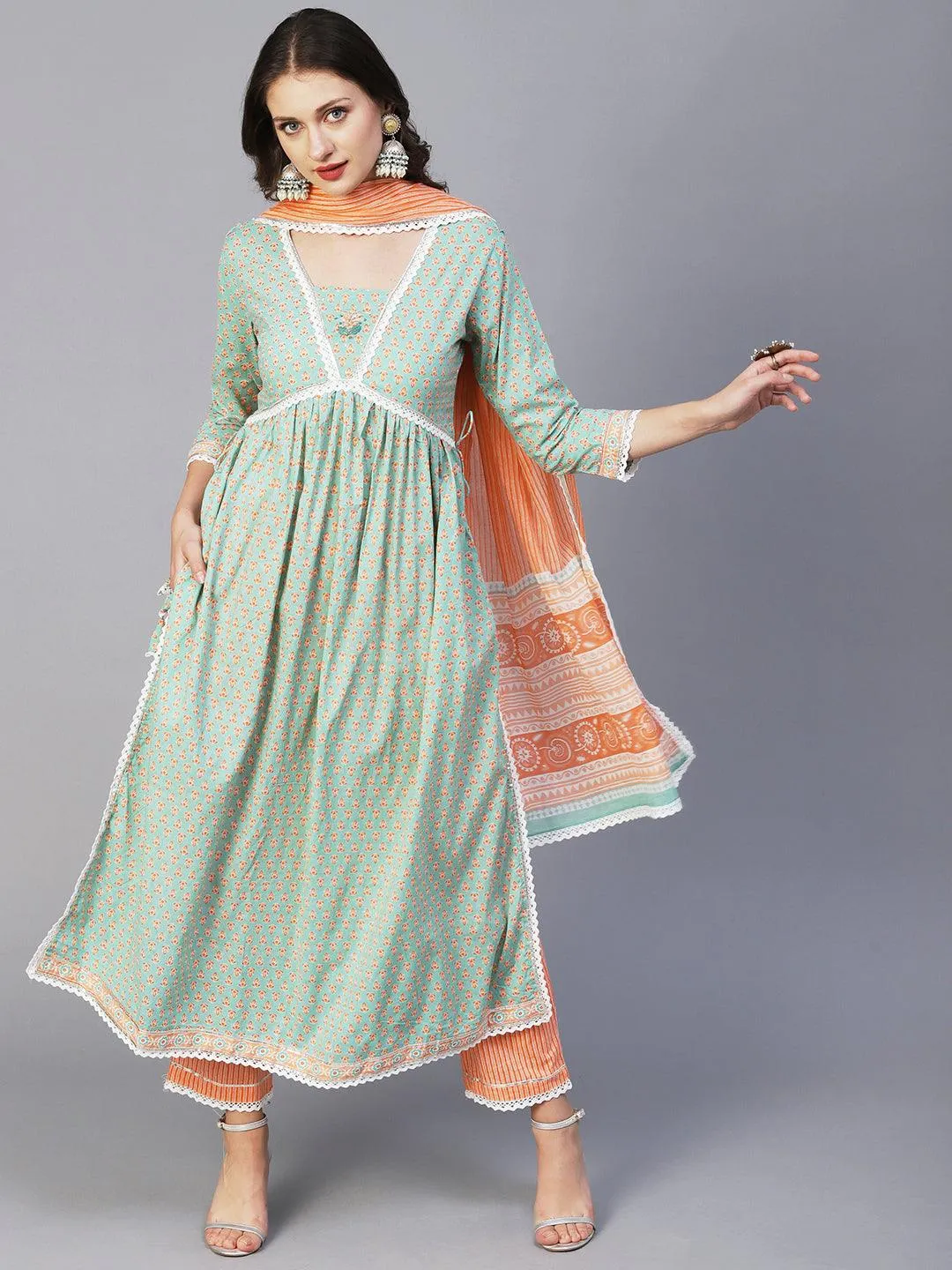 Block Printed Stone & Resham Embroidered Flared High Slit Kurta With Striped Pants & Dupatta - Pastel Green