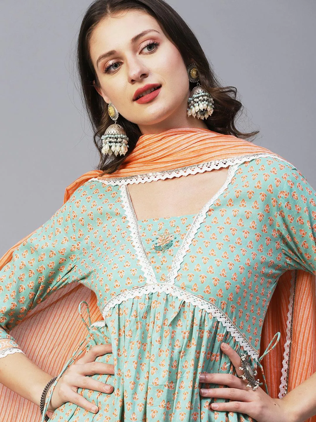 Block Printed Stone & Resham Embroidered Flared High Slit Kurta With Striped Pants & Dupatta - Pastel Green