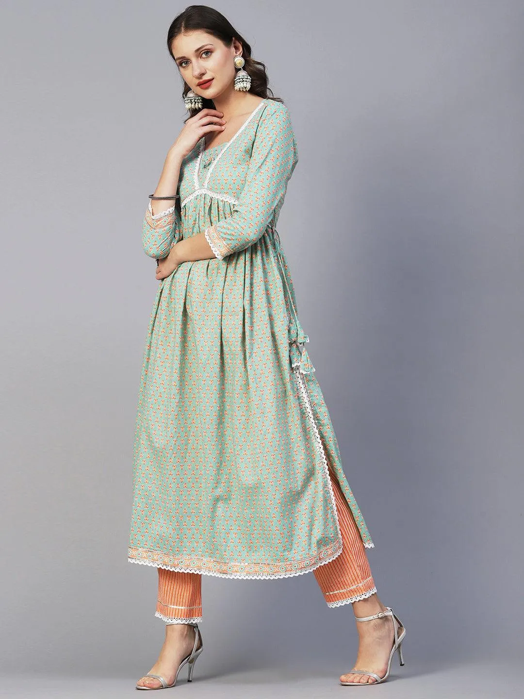 Block Printed Stone & Resham Embroidered Flared High Slit Kurta With Striped Pants & Dupatta - Pastel Green