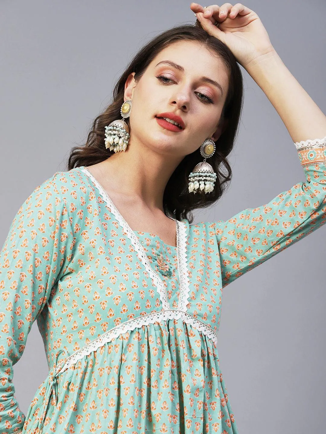 Block Printed Stone & Resham Embroidered Flared High Slit Kurta With Striped Pants & Dupatta - Pastel Green