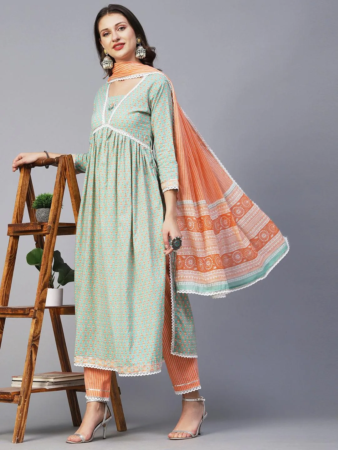 Block Printed Stone & Resham Embroidered Flared High Slit Kurta With Striped Pants & Dupatta - Pastel Green