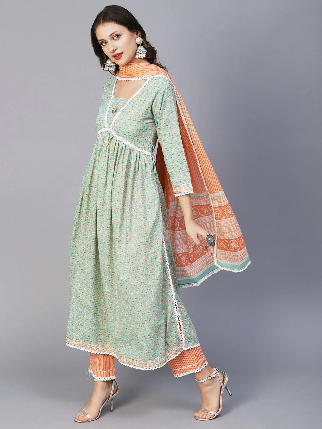 Block Printed Stone & Resham Embroidered Flared High Slit Kurta With Striped Pants & Dupatta - Pastel Green