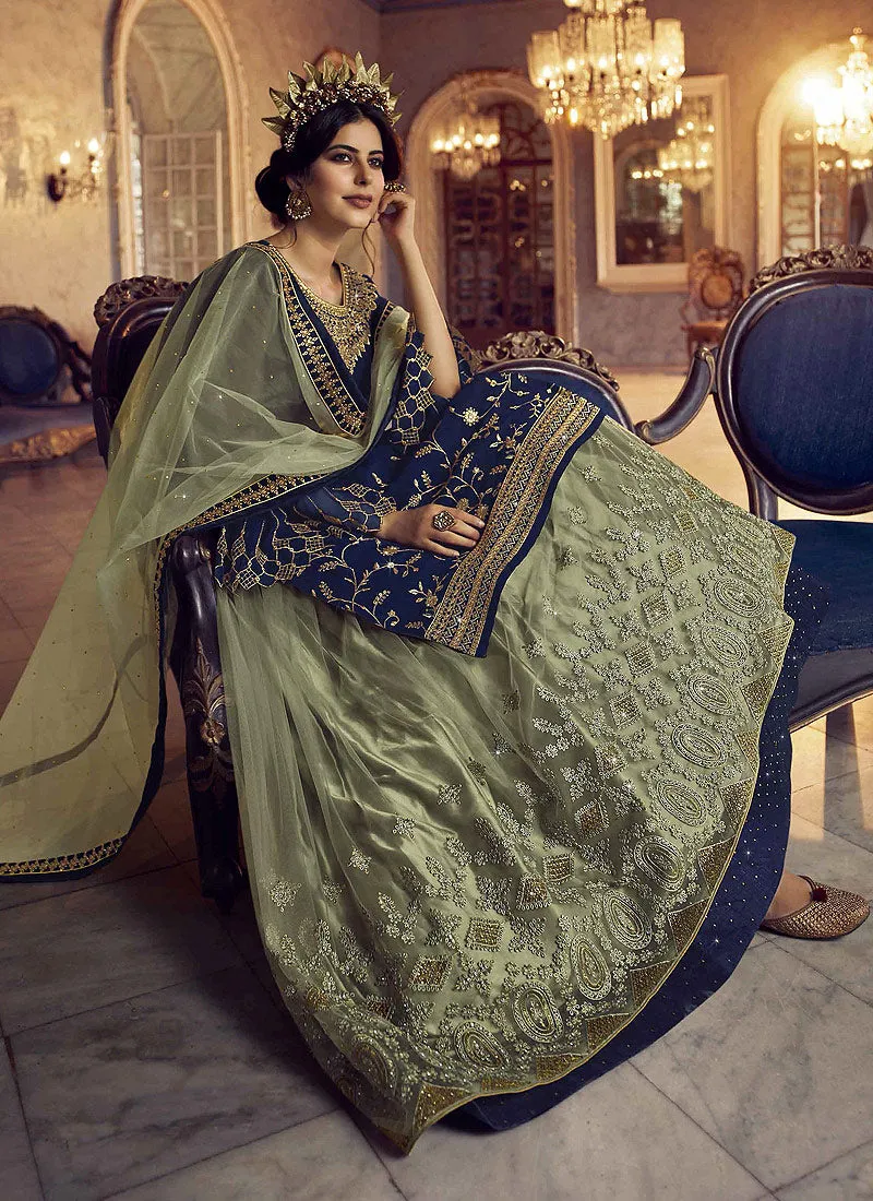 Blue and Green Embroidered Traditional Lehenga Suit