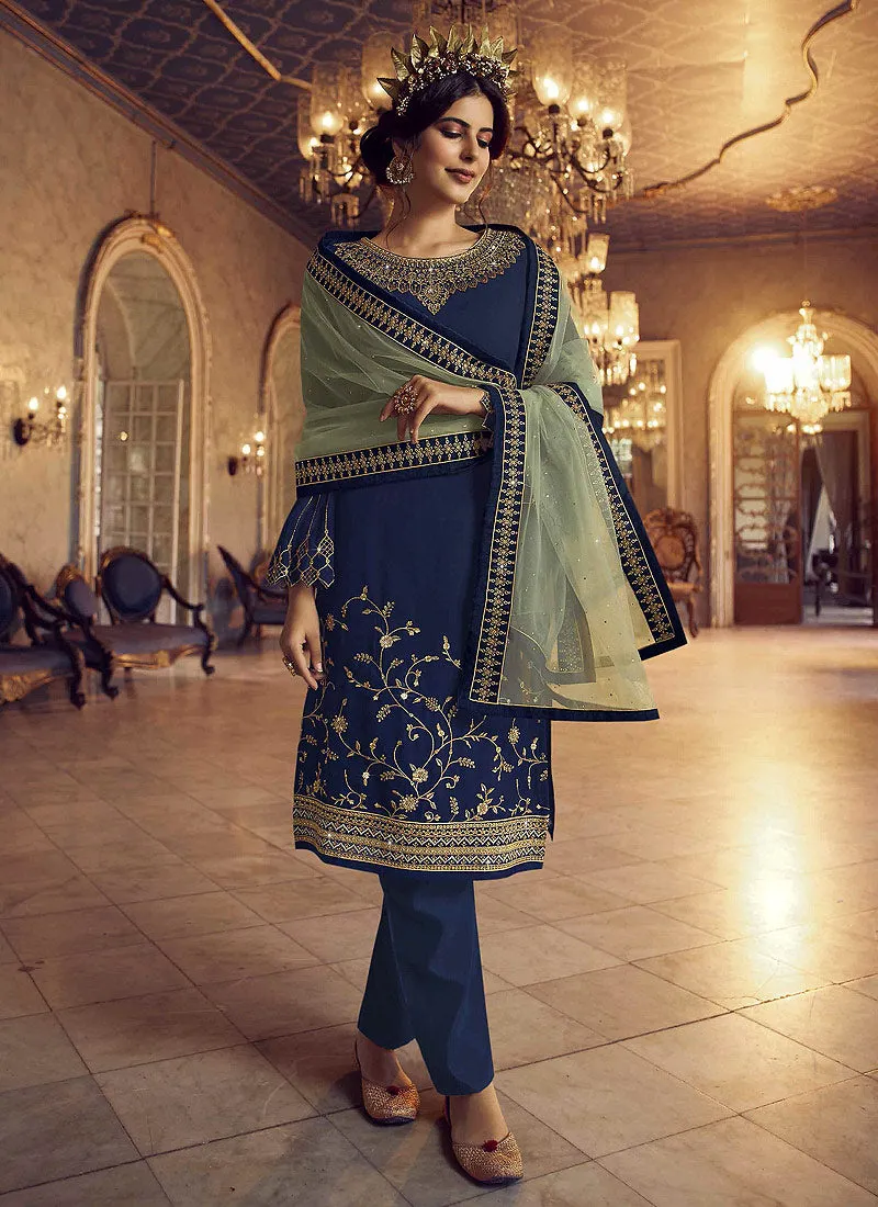 Blue and Green Embroidered Traditional Lehenga Suit