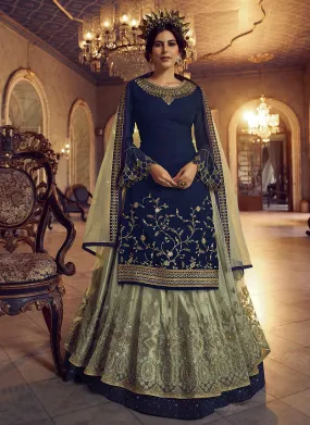 Blue and Green Embroidered Traditional Lehenga Suit