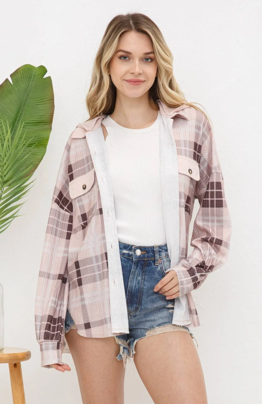 Blue B. Blush Plaid Thermal Hooded Shacket