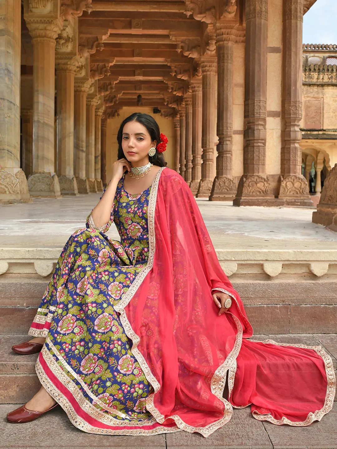 Blue Cotton Floral Block Print Kurta With Pant And Dupatta