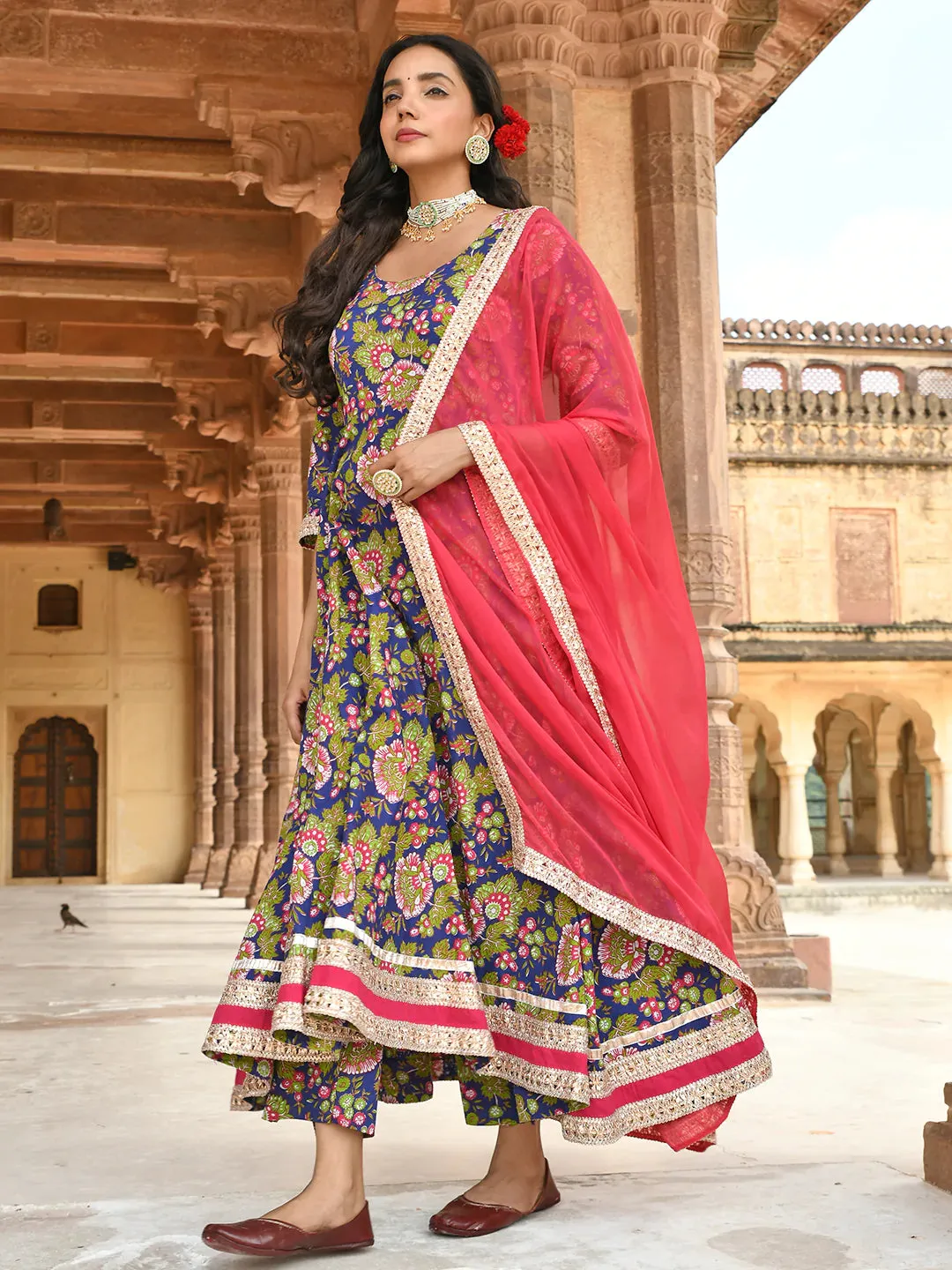 Blue Cotton Floral Block Print Kurta With Pant And Dupatta