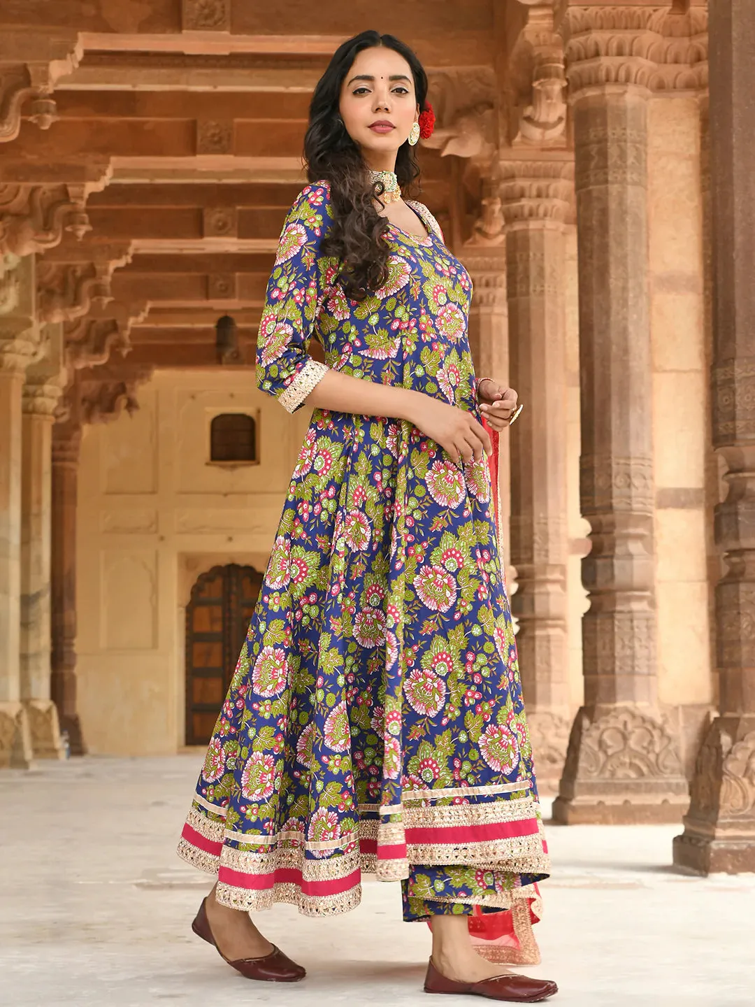 Blue Cotton Floral Block Print Kurta With Pant And Dupatta