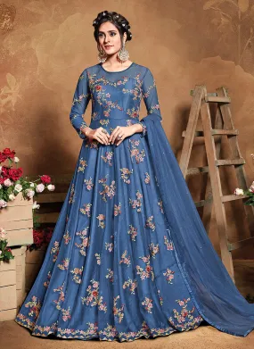 Blue Embroidered Wedding Anarkali Suit