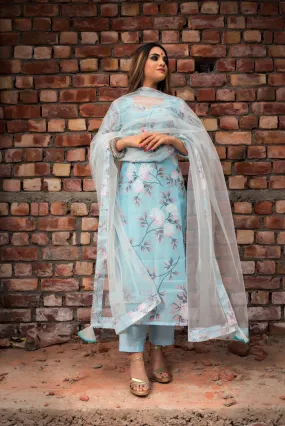 Blue Modal Cotton Floral Print Kurta Palazzo Set with Dupatta