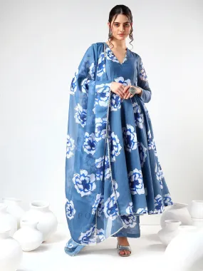 Blue Organza Print Detailing Anarkali Set with Dupatta