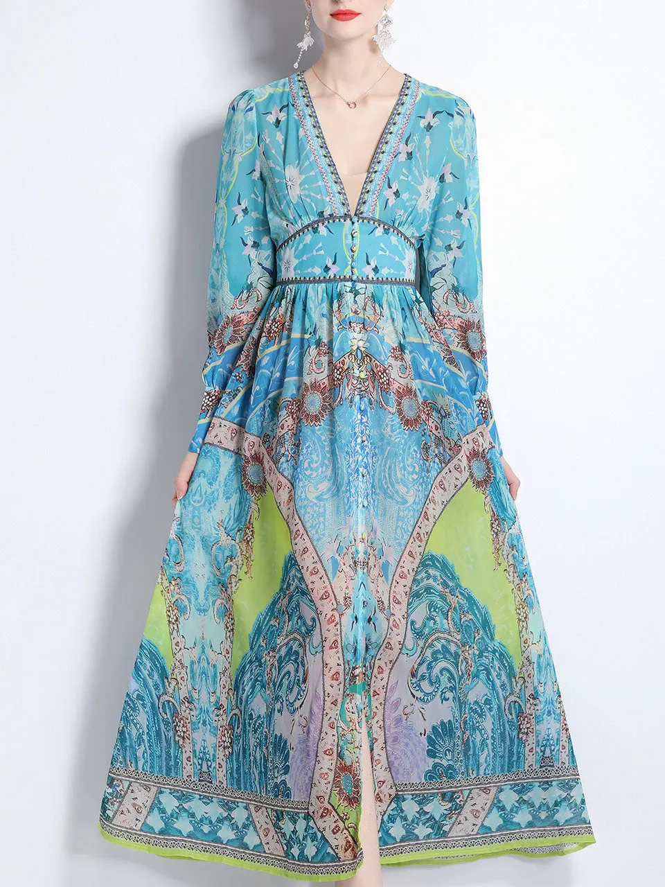 Blue Romantic Floral Print Deep V Neck Long Sleeve Maxi Dress For Women