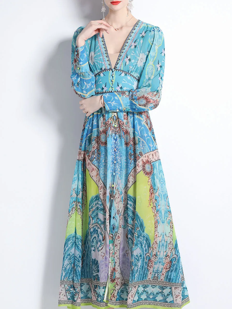 Blue Romantic Floral Print Deep V Neck Long Sleeve Maxi Dress For Women