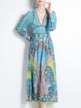 Blue Romantic Floral Print Deep V Neck Long Sleeve Maxi Dress For Women