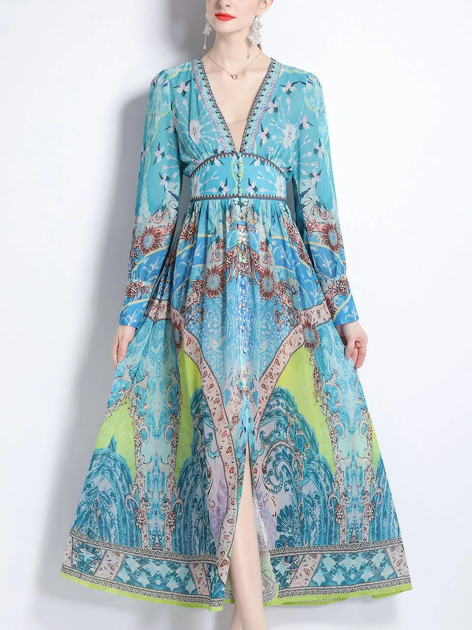 Blue Romantic Floral Print Deep V Neck Long Sleeve Maxi Dress For Women