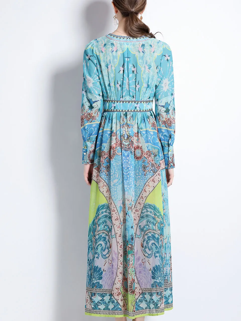 Blue Romantic Floral Print Deep V Neck Long Sleeve Maxi Dress For Women