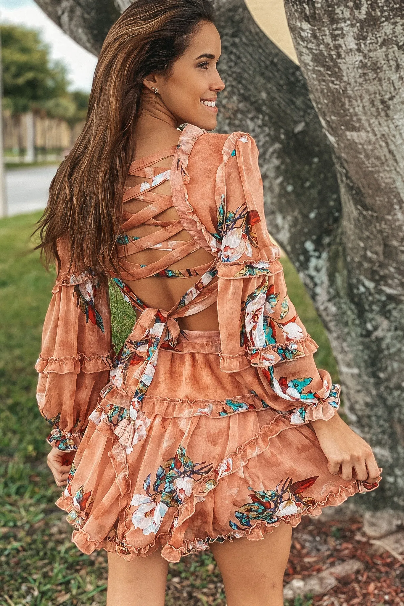 Blush Floral Strappy Back Short Dress