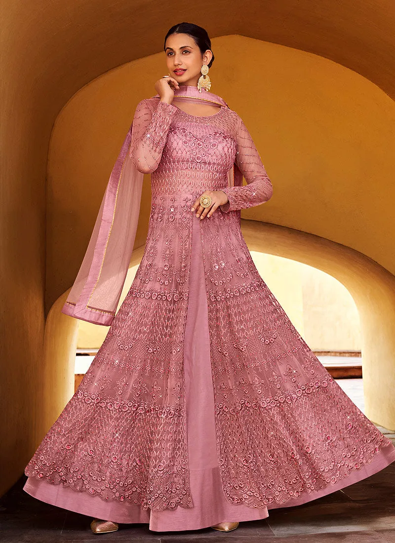 Blush Pink Embroidered Slit Style Anarkali Lehenga/Pant Suit