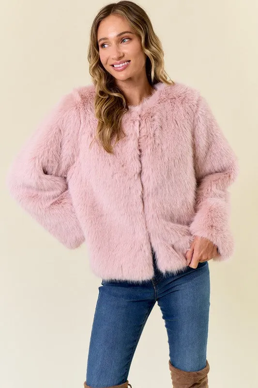 Blush Pink Faux Fur Coat With Hook And Eye Closure