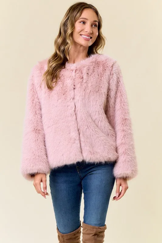 Blush Pink Faux Fur Coat With Hook And Eye Closure