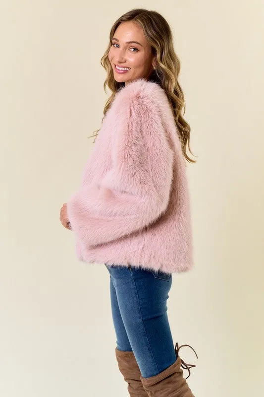 Blush Pink Faux Fur Coat With Hook And Eye Closure