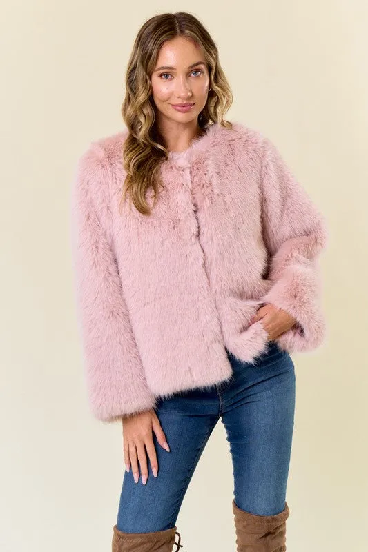 Blush Pink Faux Fur Coat With Hook And Eye Closure