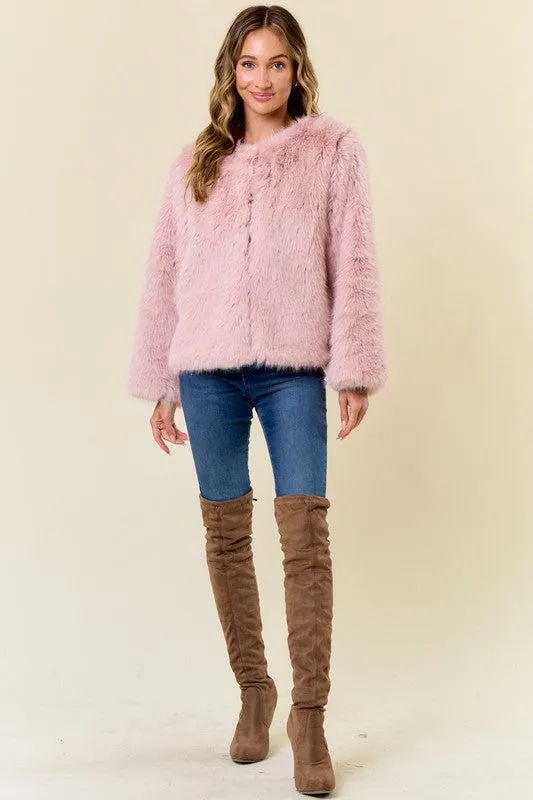 Blush Pink Faux Fur Coat With Hook And Eye Closure