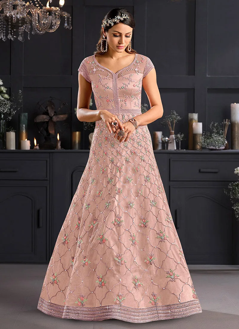 Blush Pink Floral Embroidered Indian Designer Anarkali