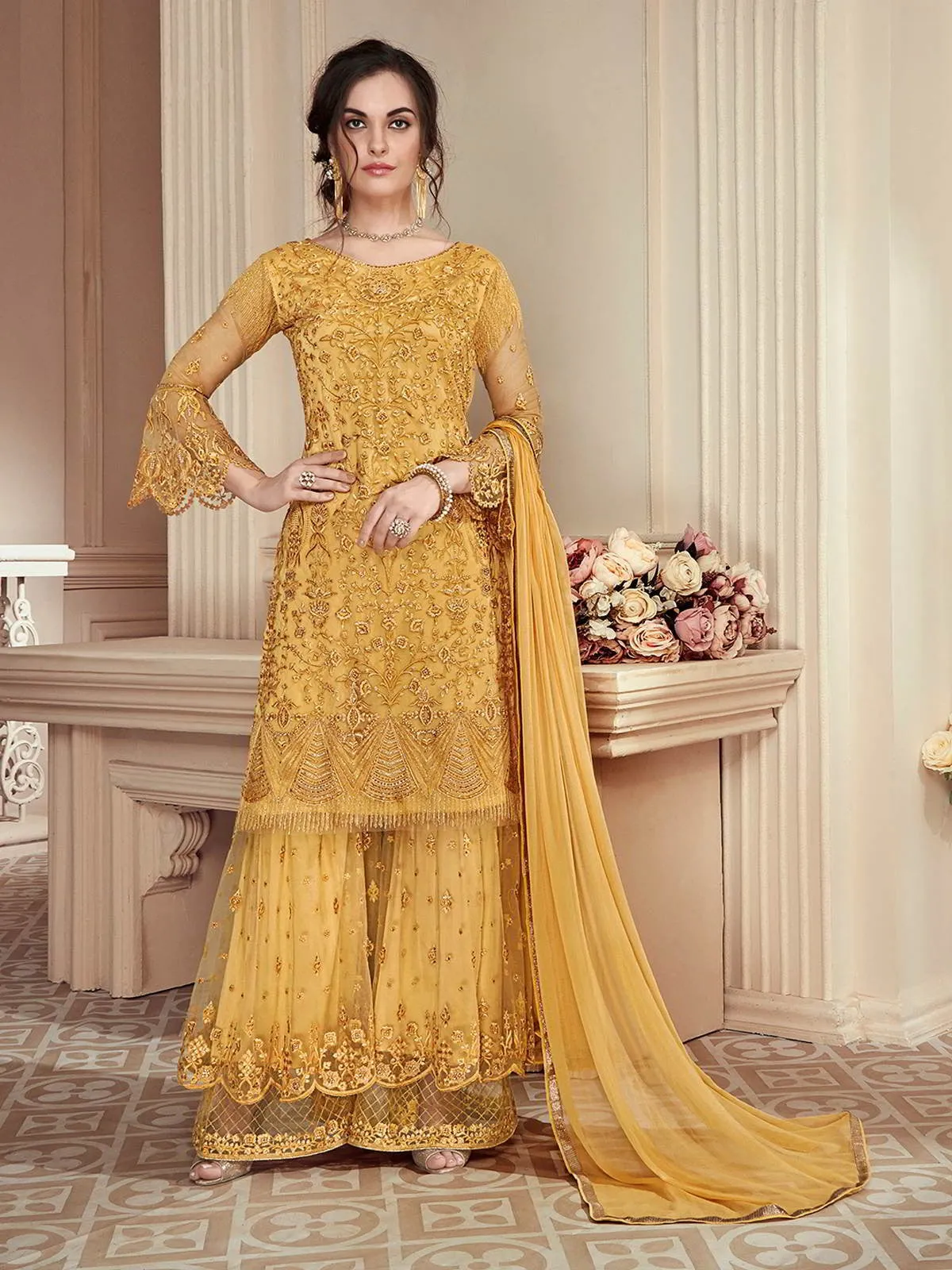 Bright Yellow Heavily Embroidered Festive Palazzo Suit