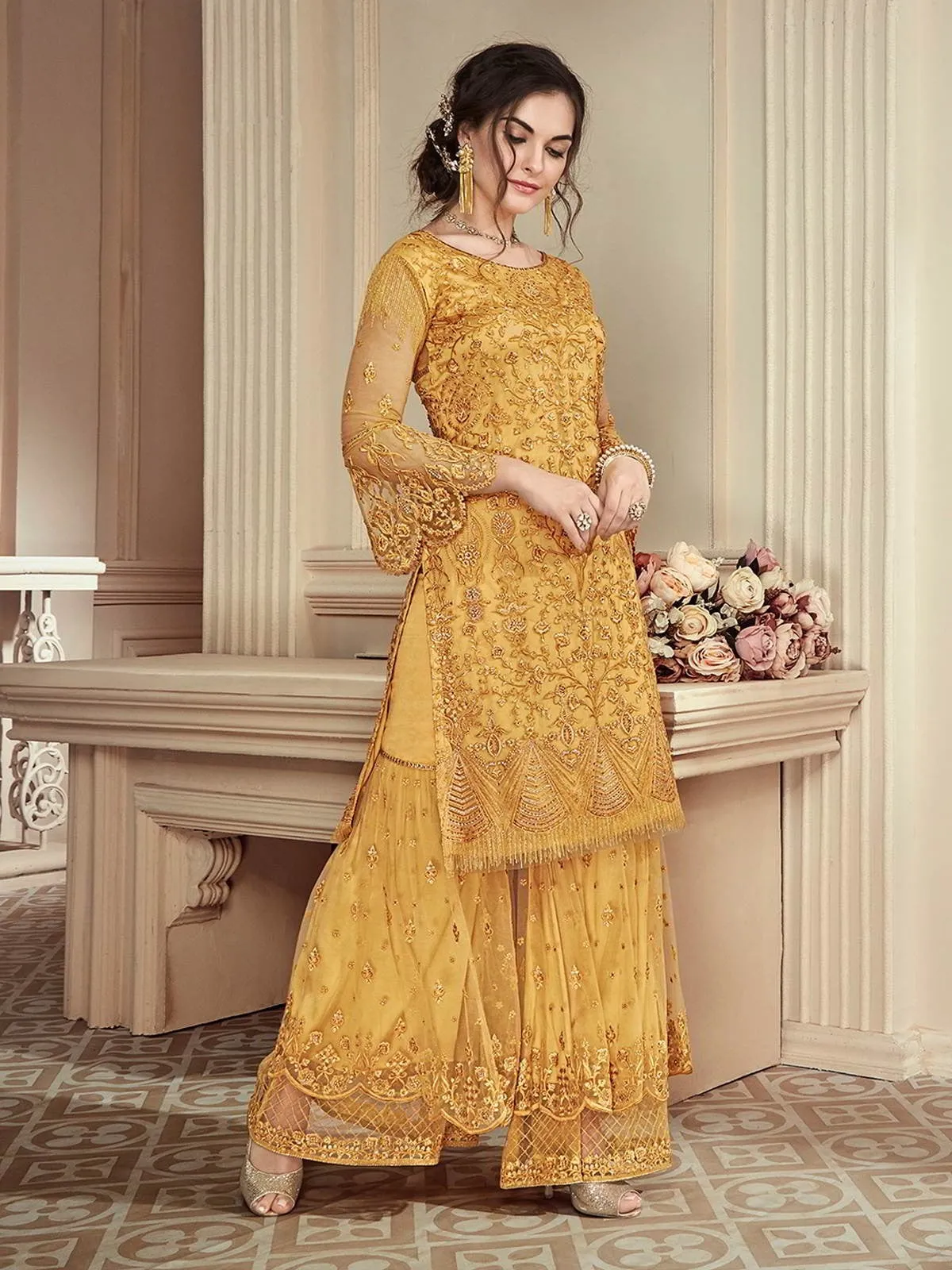 Bright Yellow Heavily Embroidered Festive Palazzo Suit