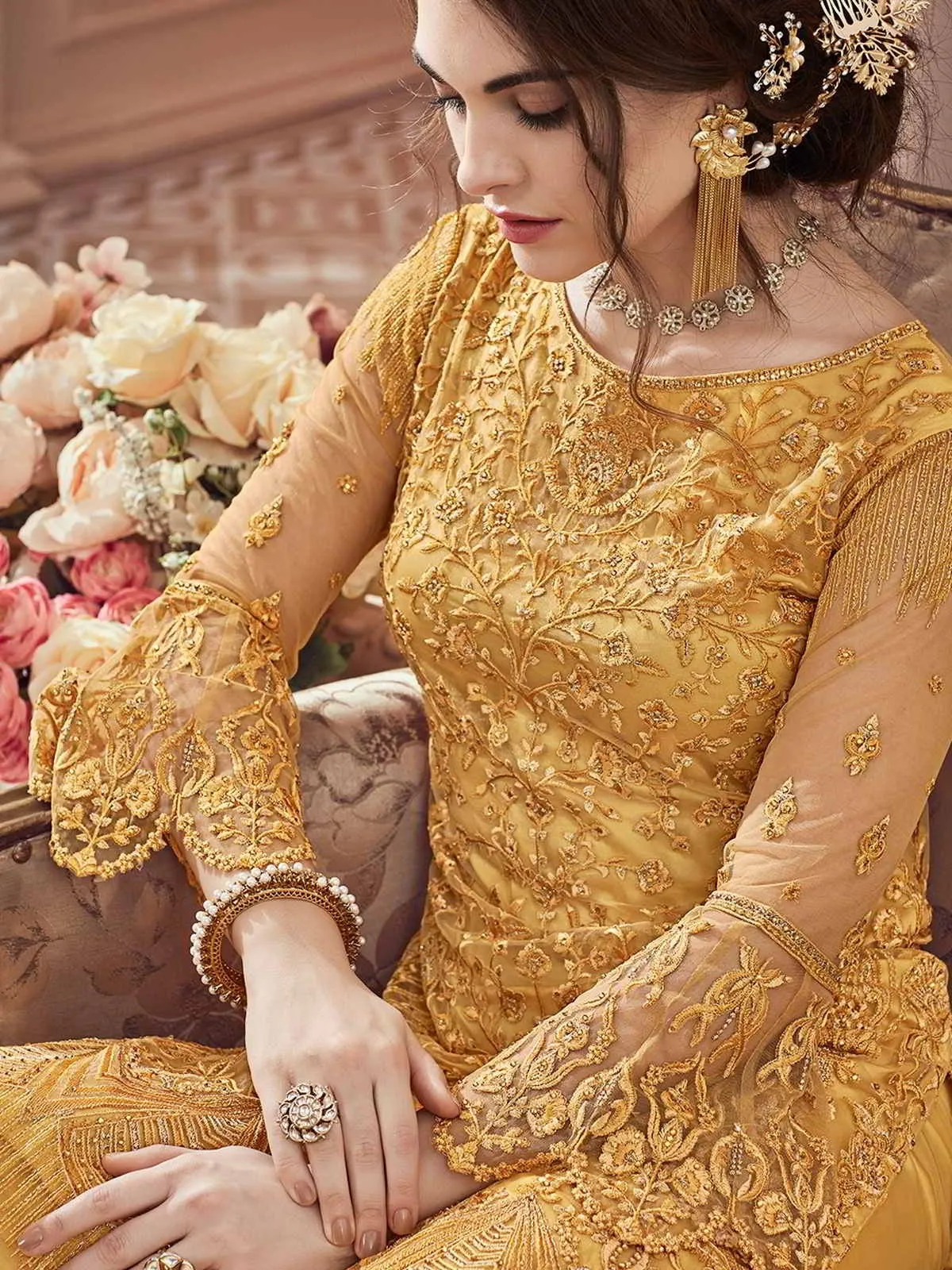 Bright Yellow Heavily Embroidered Festive Palazzo Suit