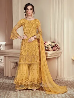 Bright Yellow Heavily Embroidered Festive Palazzo Suit