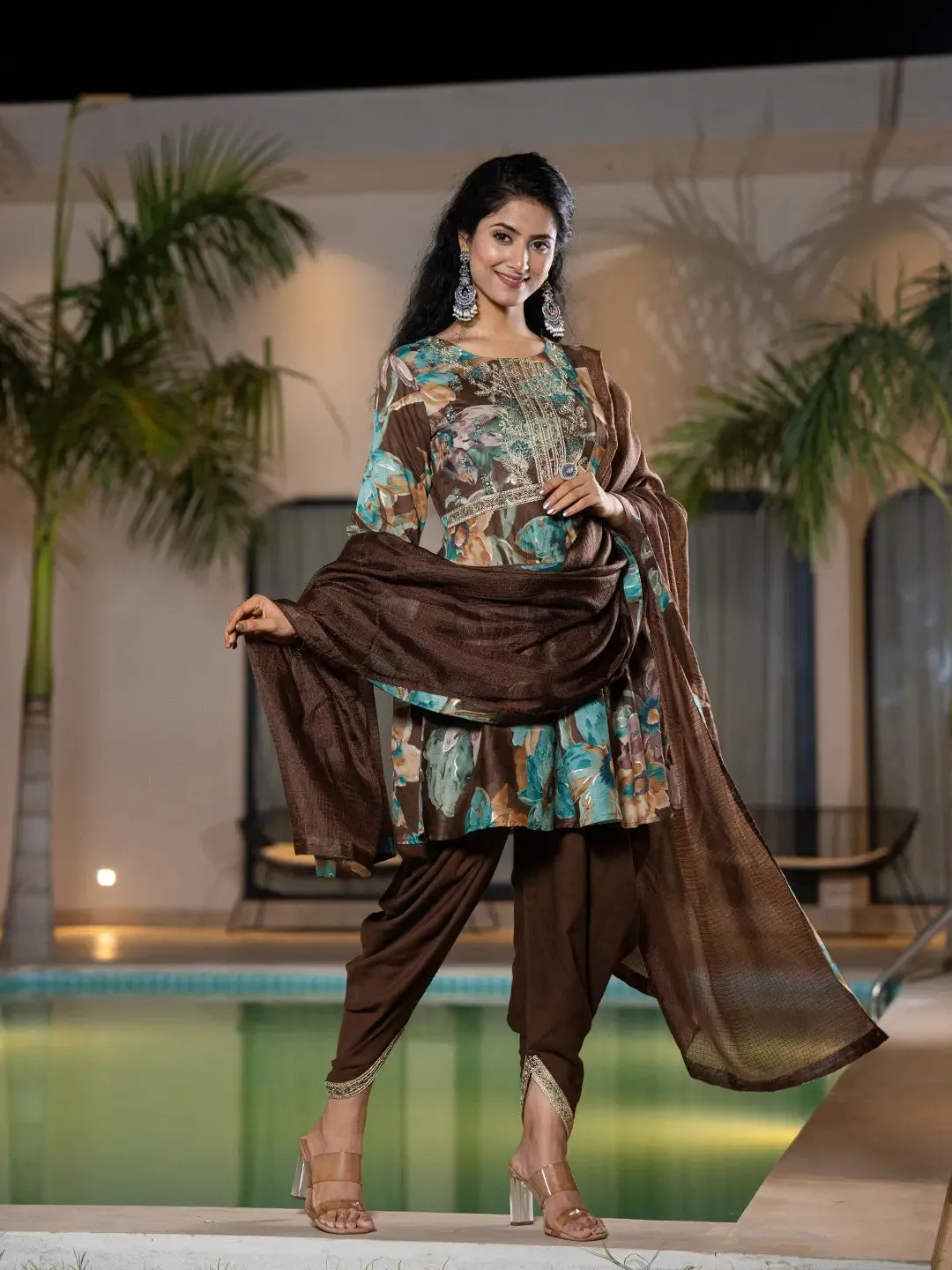 Brown Cotton Floral Print & Embroidered Kurta with Rayon Dhoti Set with Dupatta