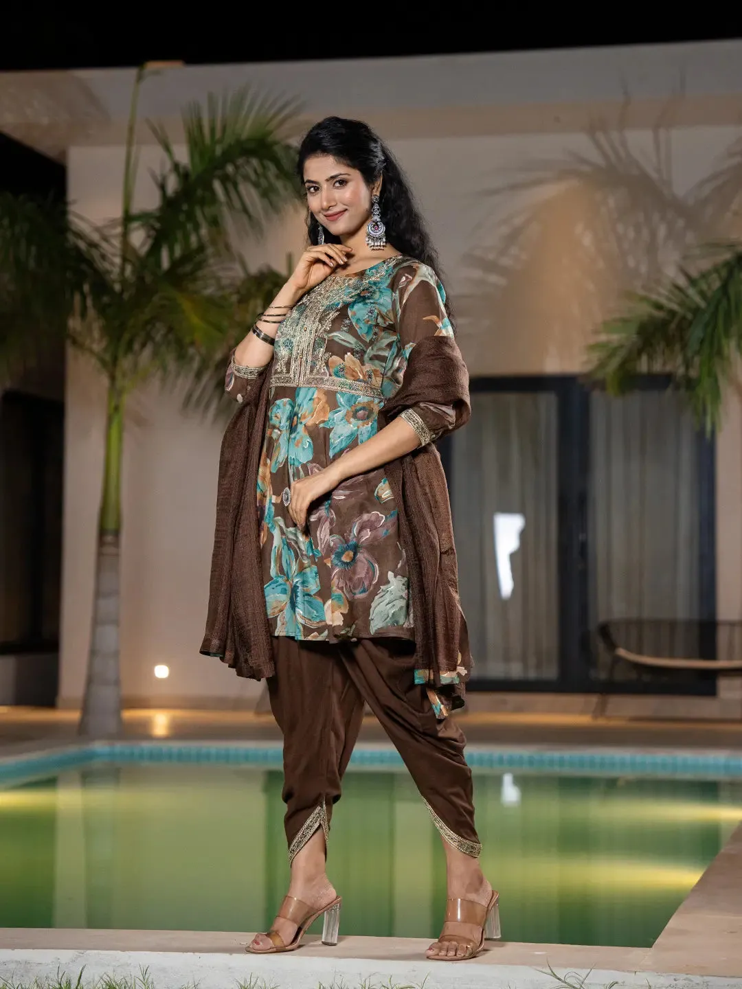 Brown Cotton Floral Print & Embroidered Kurta with Rayon Dhoti Set with Dupatta