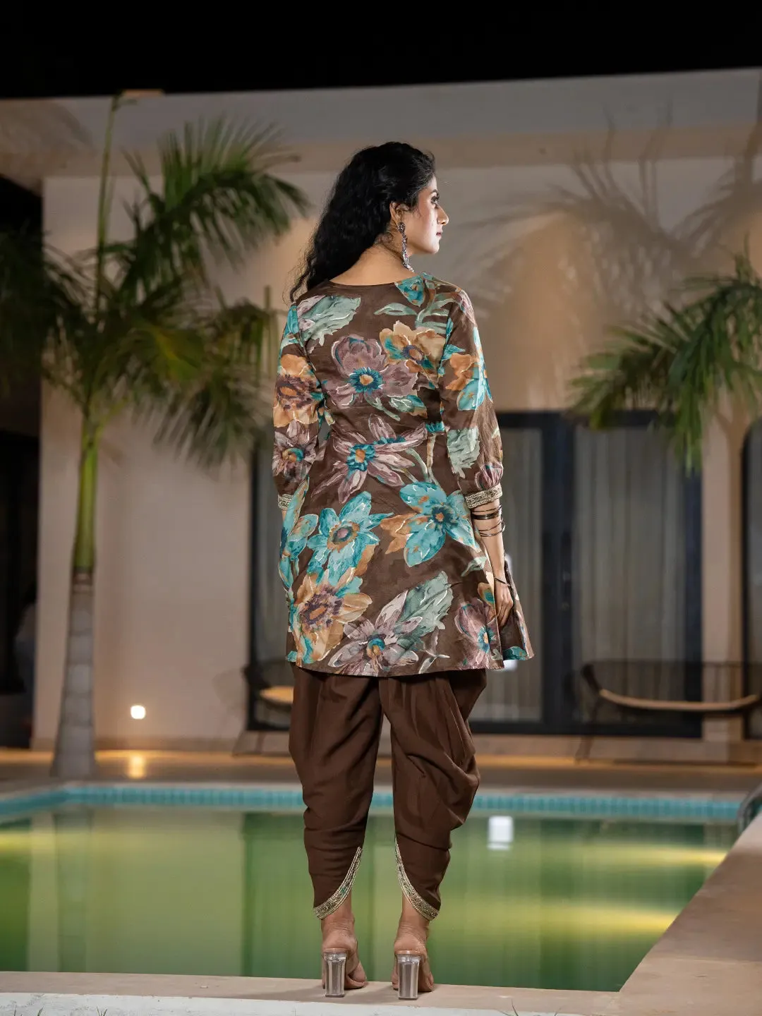 Brown Cotton Floral Print & Embroidered Kurta with Rayon Dhoti Set with Dupatta