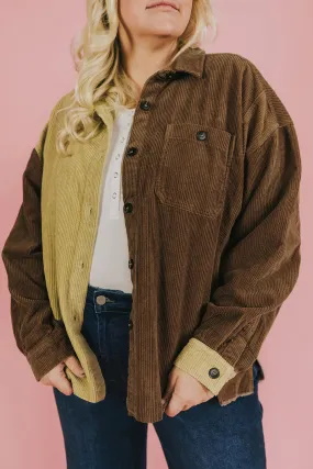 Brown Plus Size Color Block Corduroy Shacket