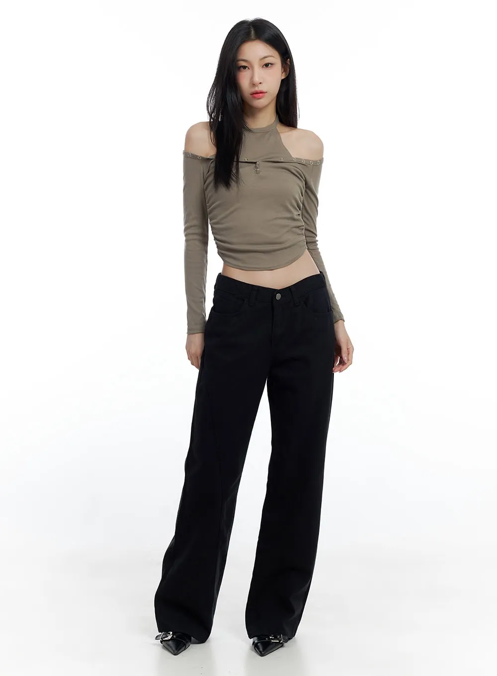 Buttoned Halter Off-Shoulder  Crop Top CO425