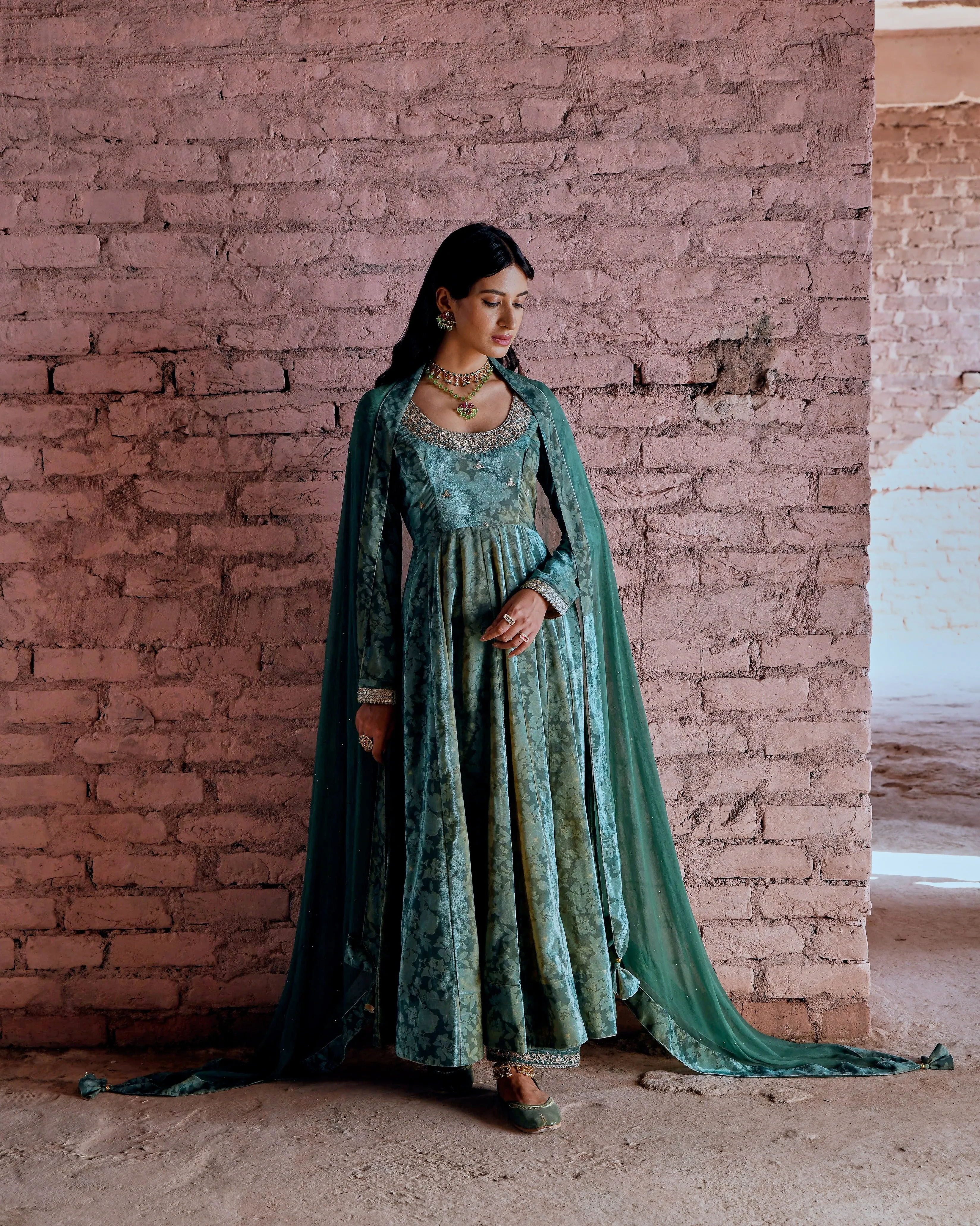 CASTLETON GREEN FLARED MAKHMAL ANARKALI SET