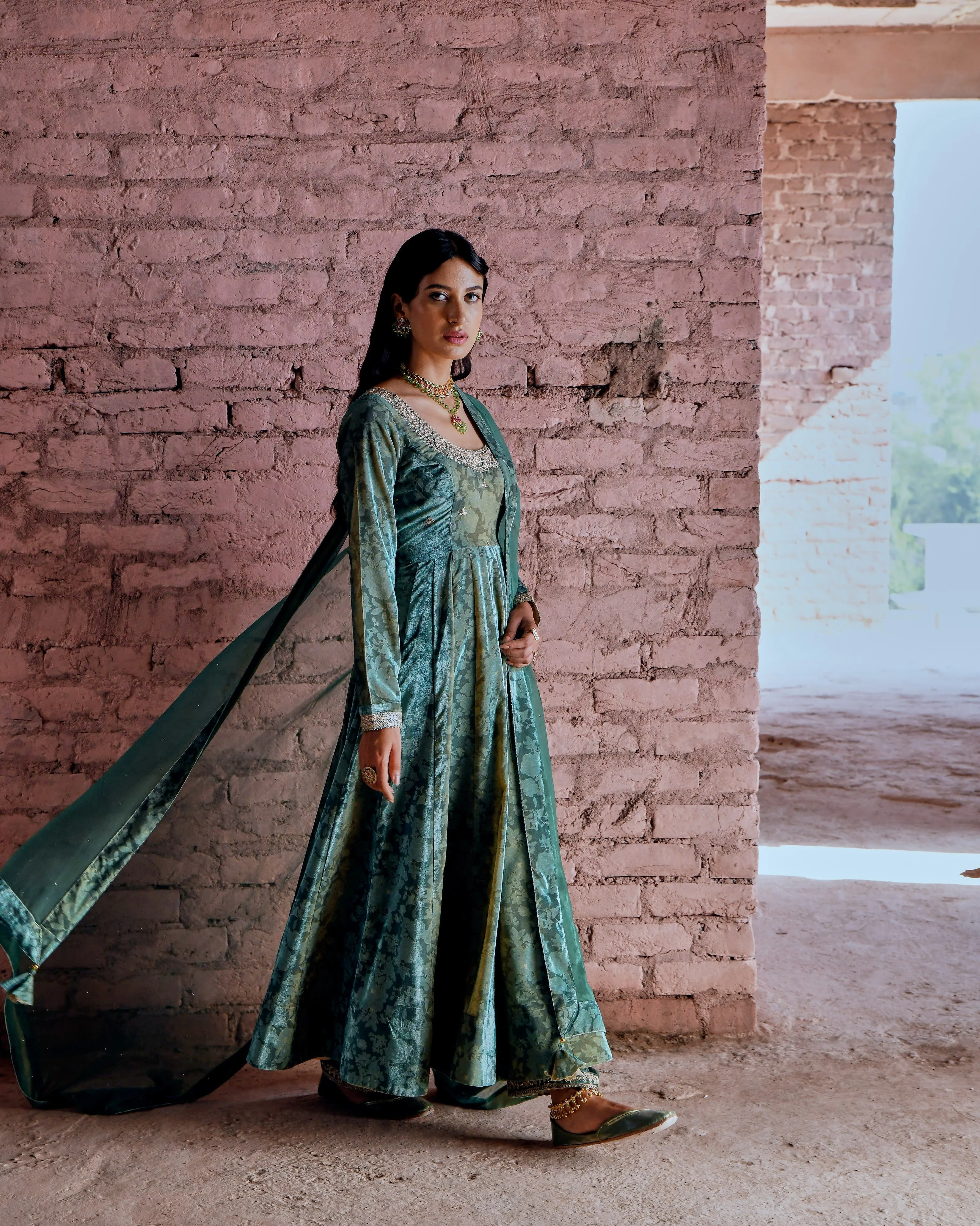 CASTLETON GREEN FLARED MAKHMAL ANARKALI SET