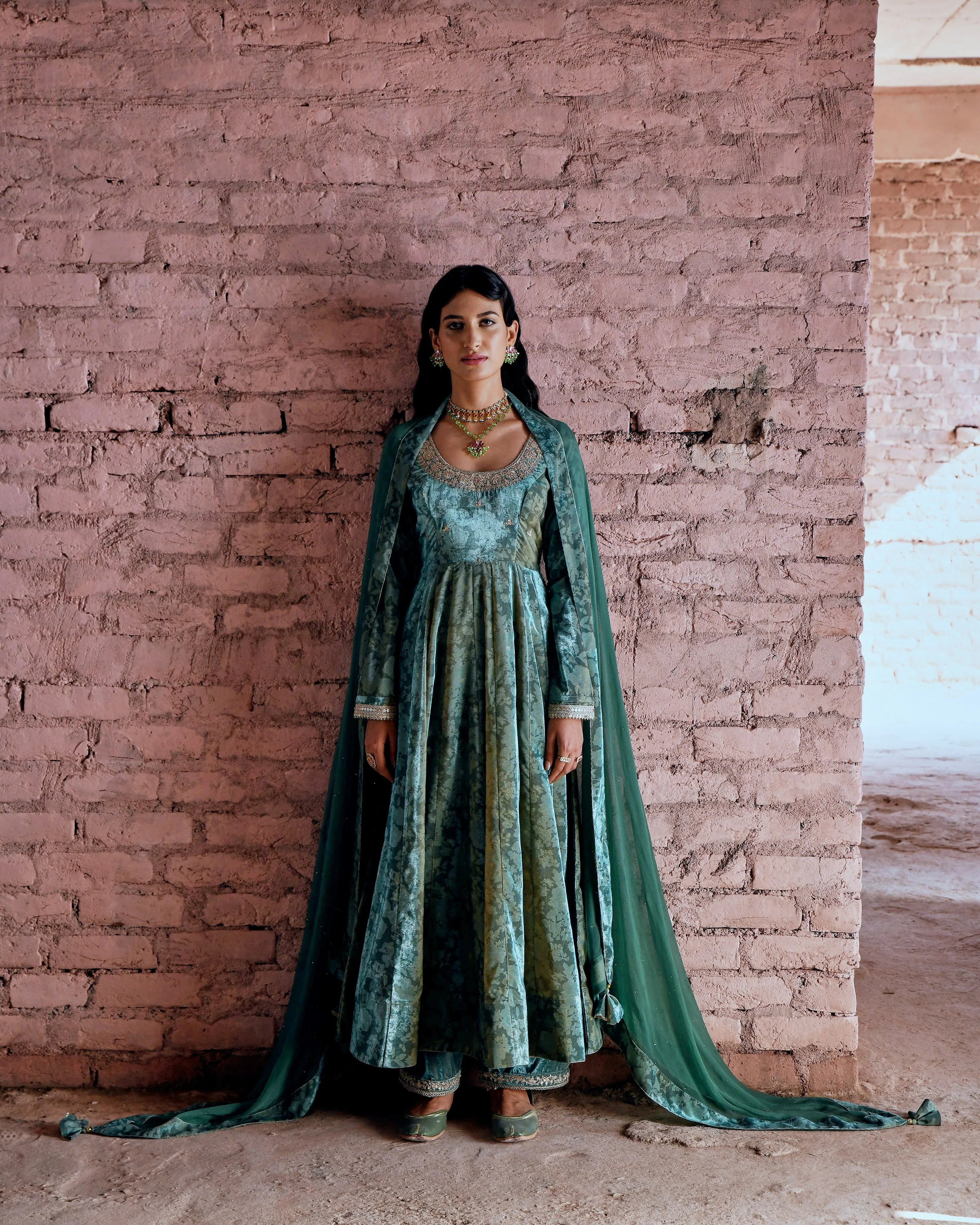 CASTLETON GREEN FLARED MAKHMAL ANARKALI SET