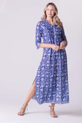 Cotton Annabel Maxi Dress in Blue with White Flower